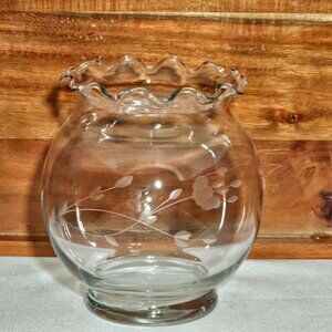 Princess House Heritage Rose Bowl 5in Flower Vase etched ruffle edge crystal vtg